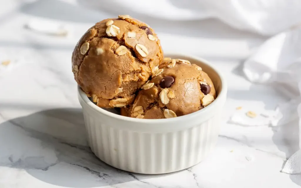 scoops of high protein cookie dough in white ramekin