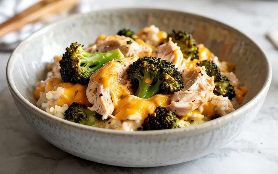 Bowl of Slow Cooker Chicken and Rice with Broccoli on white marble
