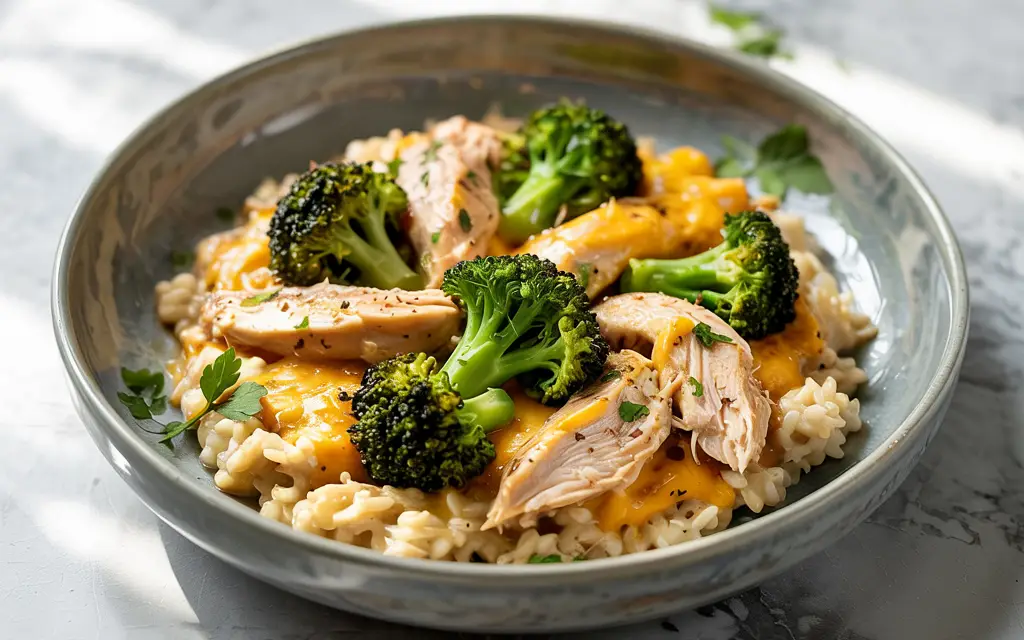 Served Slow Cooker Chicken and Rice with Broccoli in a bowl