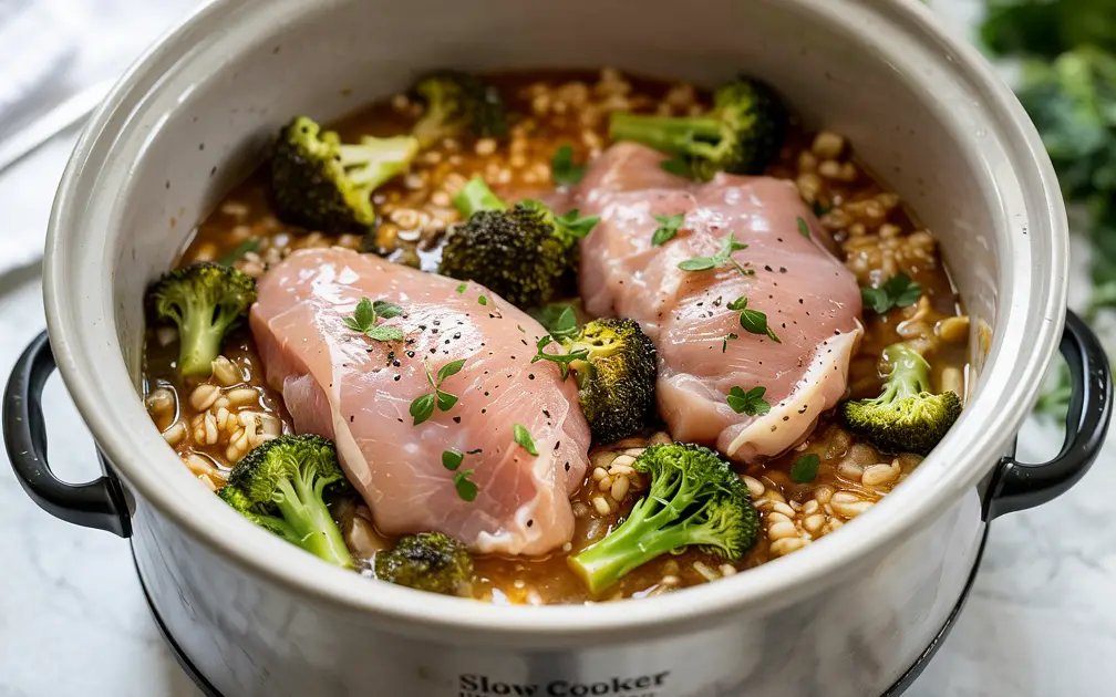 Uncooked chicken, rice, and broccoli in a slow cooker