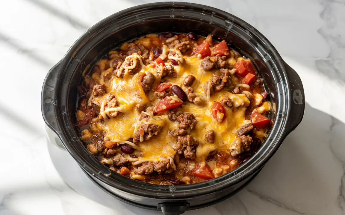 Slow cooker protein-rich casserole steaming in a rustic kitchen