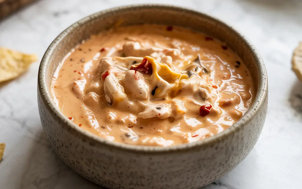 Spicy cottage cheese queso dip in a round bowl