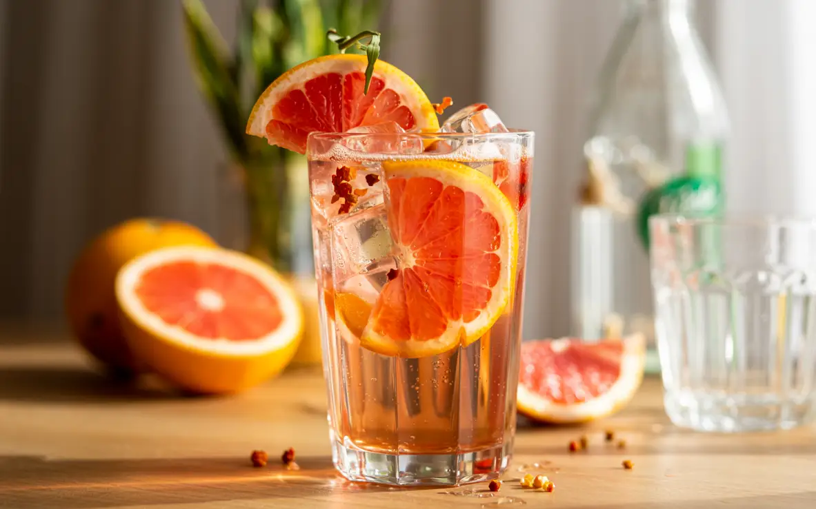 Spicy grapefruit hot honey soda in a summer setting