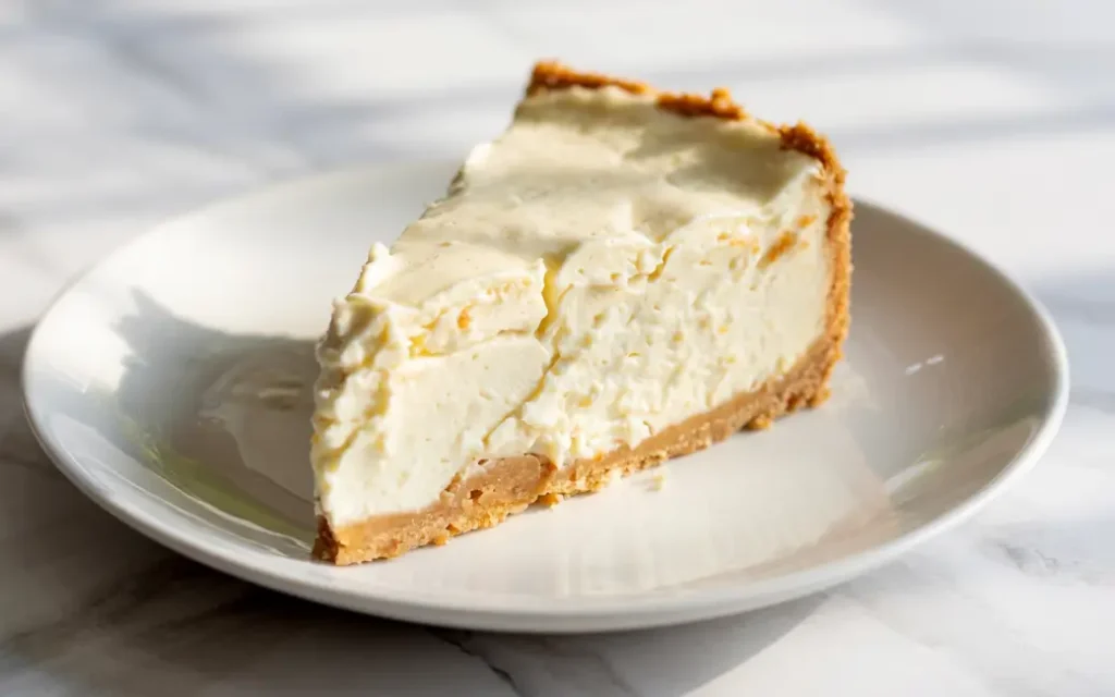 Thick slice of no-bake cottage cheese cheesecake on plate, detailed view