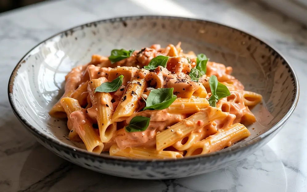Creamy tomato cottage cheese pasta with basil