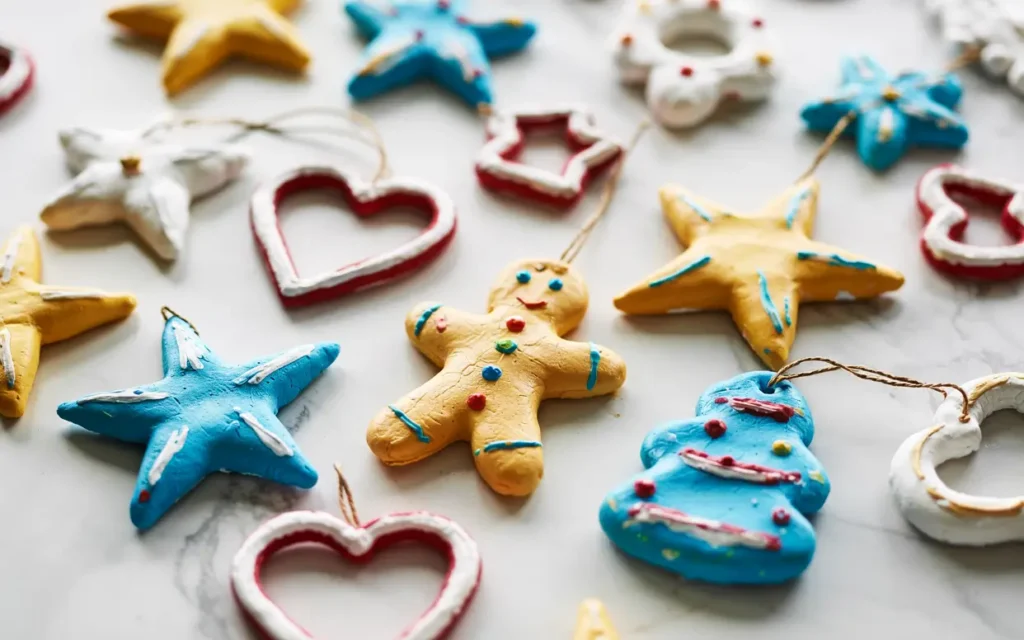 Painted salt dough ornaments in festive shapes