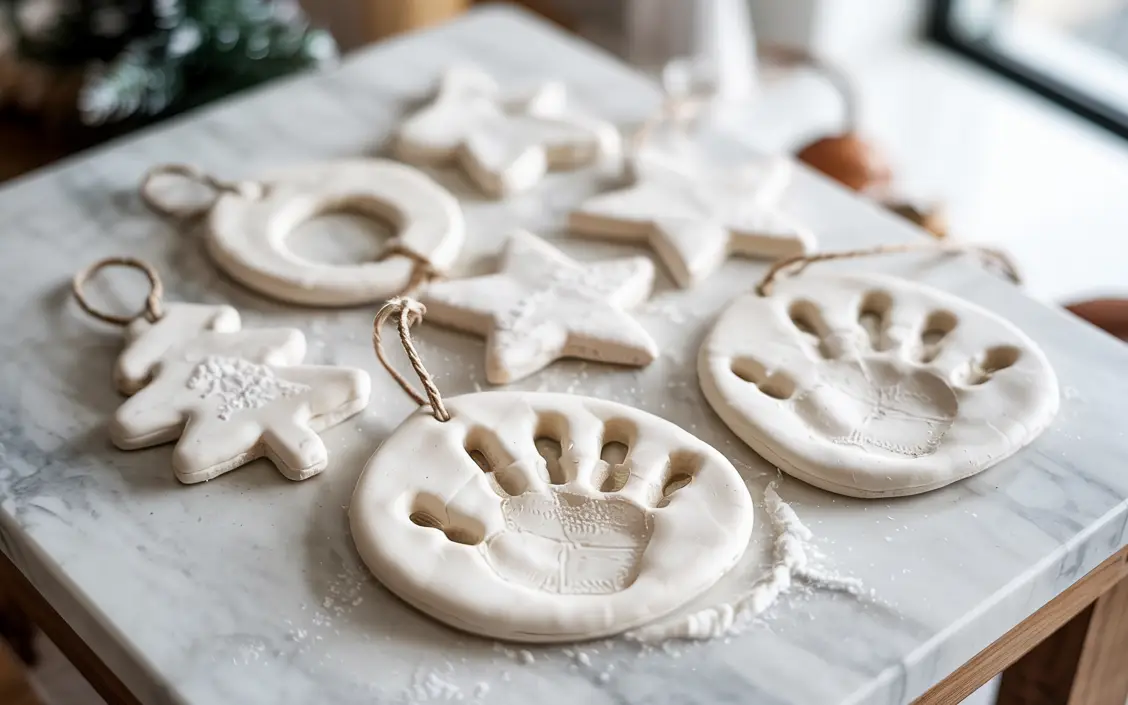 Homemade salt dough ornaments with handprints and stars