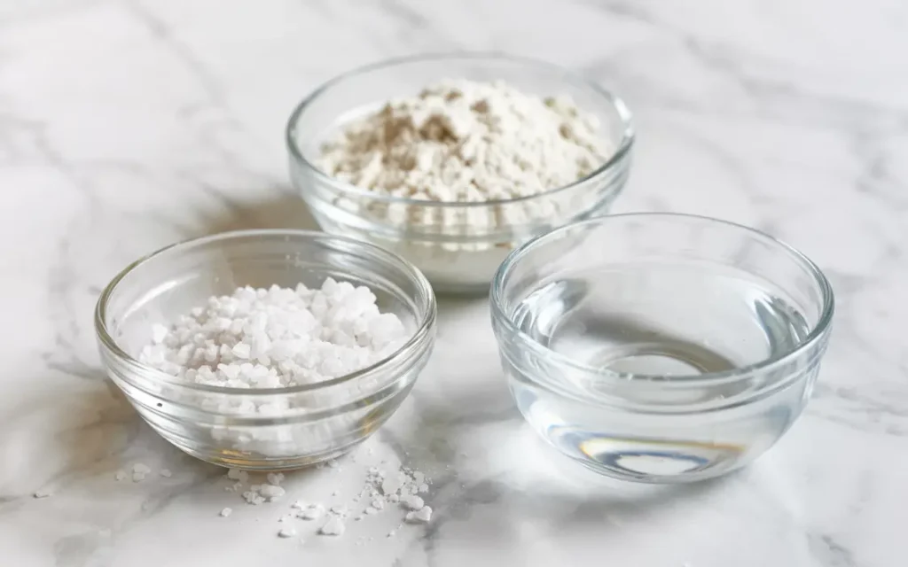 Glass bowls of flour, salt, and water for salt dough